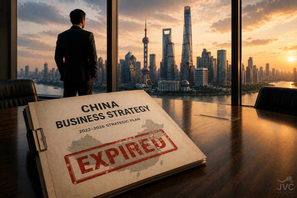 Executive reviewing an expired China business strategy while overlooking the Shanghai skyline, illustrating the need to adapt business strategy in China to changing market conditions.