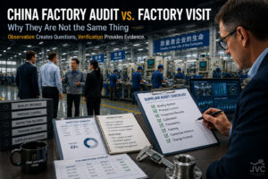 China factory audit compared with a factory visit, showing executives touring a Chinese manufacturing facility while an auditor reviews supplier quality records and process controls.