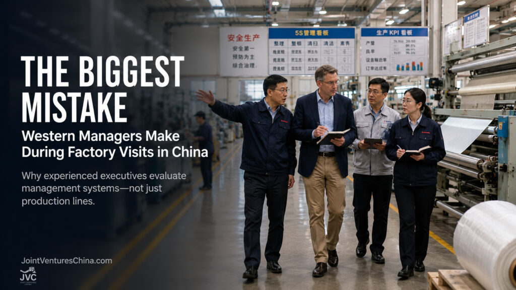 Western executive touring a modern manufacturing facility during China factory visits while evaluating management systems with Chinese factory leadership.