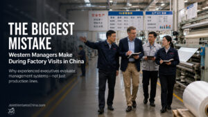 Western executive touring a modern manufacturing facility during China factory visits while evaluating management systems with Chinese factory leadership.