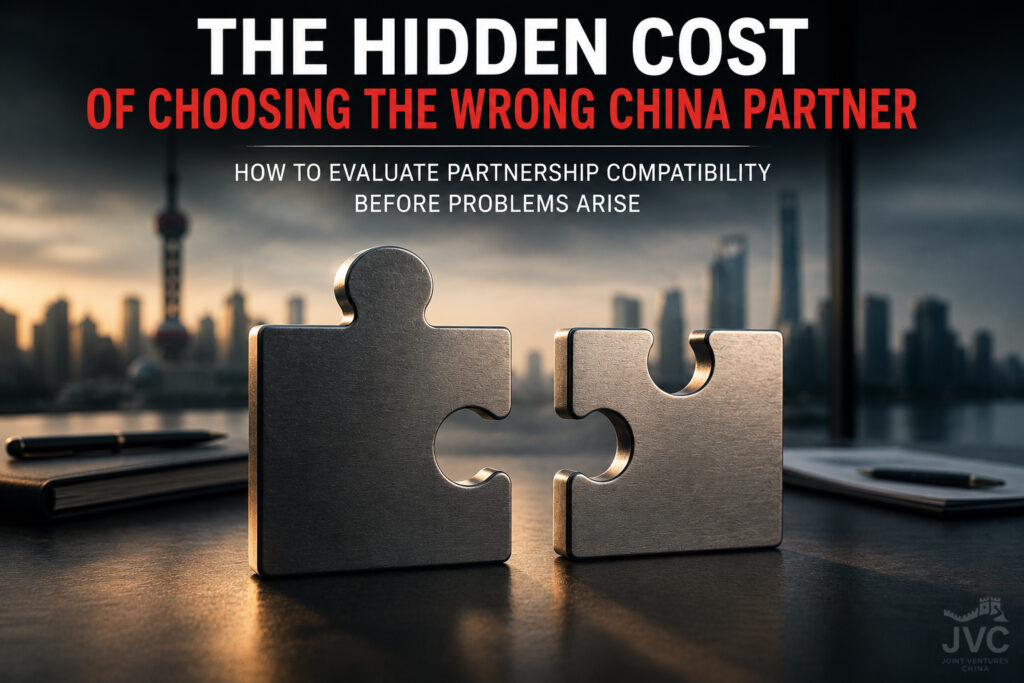 Two metallic puzzle pieces nearly fitting together, illustrating the importance of choosing a China partner with compatible leadership, governance, and long-term strategic goals.