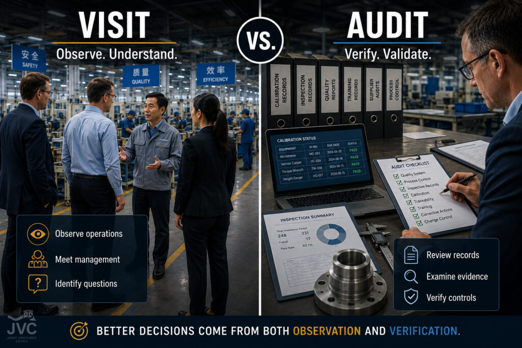 Factory visit China comparison showing executives observing manufacturing operations while a factory audit reviews records, evidence, and process controls.