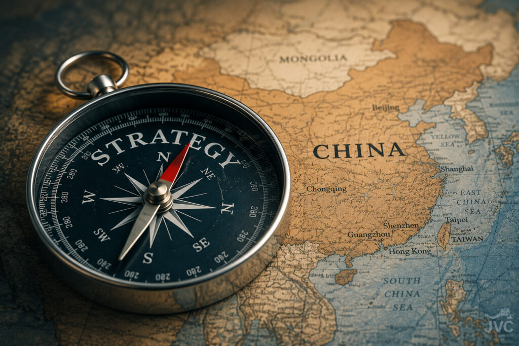 Compass labeled "Strategy" resting on a map of China, symbolizing the need to continuously adapt a China business strategy to changing market conditions.