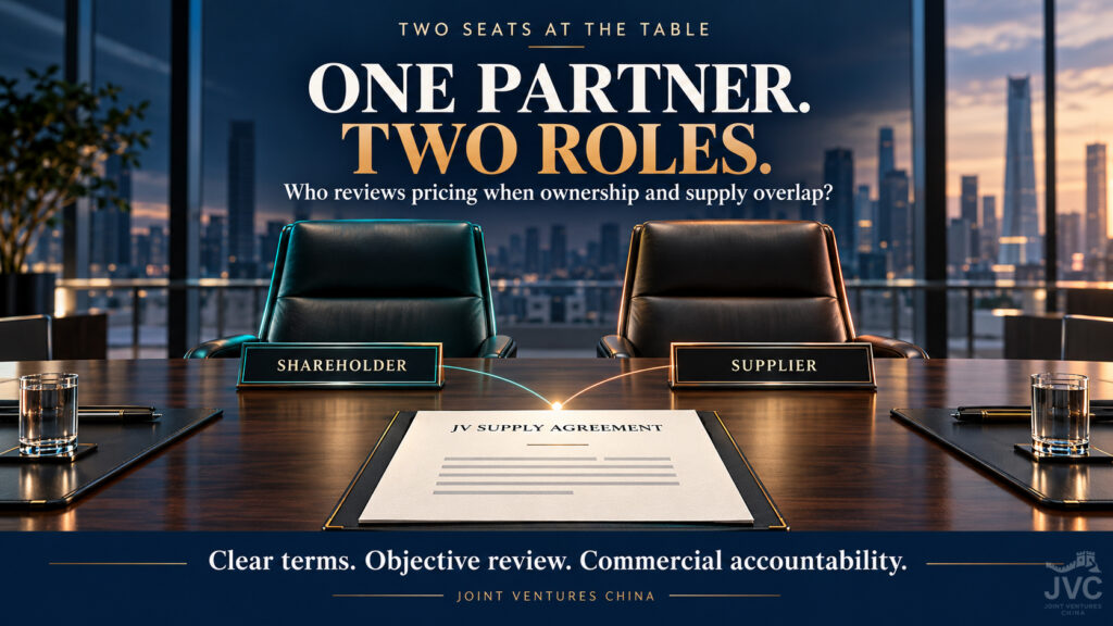 Two boardroom chairs labeled “Shareholder” and “Supplier” face a JV supply agreement, illustrating related party transactions in joint ventures when a shareholder also supplies the business.