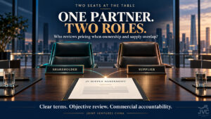 Two boardroom chairs labeled “Shareholder” and “Supplier” face a JV supply agreement, illustrating related party transactions in joint ventures when a shareholder also supplies the business.